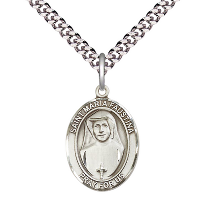 Medium Mens Oval .925 Sterling Silver Saint St. Maria Faustina Medal Pendant on 24 Inch Rhodium Plated Heavy Curb Brass Chain w/ Lobster Claw Clasp, Catholic Religious Necklace - Made in USA- Velvet Gift Box