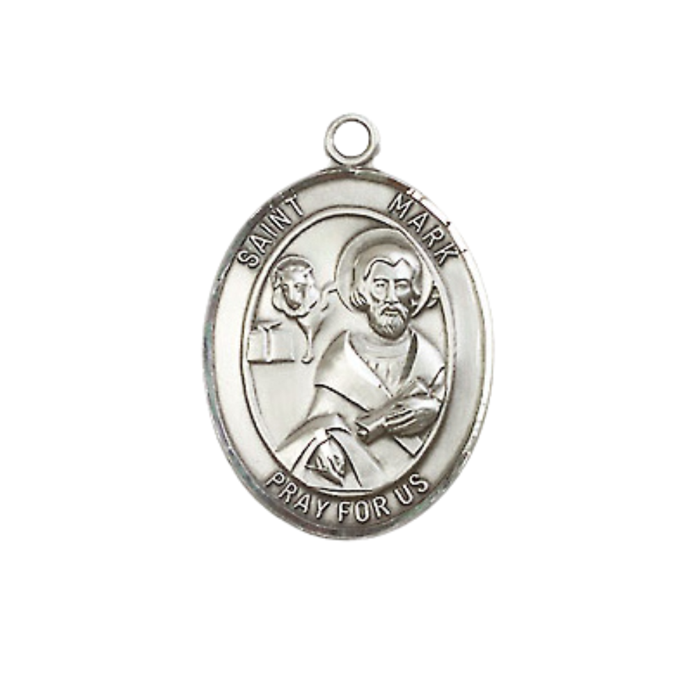 Medium Women's .925 Sterling Silver Saint St. Mark the Evangelist Pendant Necklace with 18- Inch Rhodium Plated Lite Curb Brass Chain, Catholic Medal - Patron Saint. of Notaries and Lawyers – Velvet Gift Box