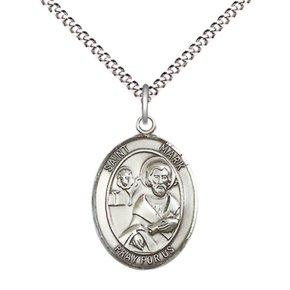Medium Women's Pewter Saint St. Mark the Evangelist Pendant Necklace on 18- inch Rhodium- Plated Lite Curb Brass Chain – Patron Saint St. of Notaries/Lawyers, Catholic Medal – Velvet Gift Box Included