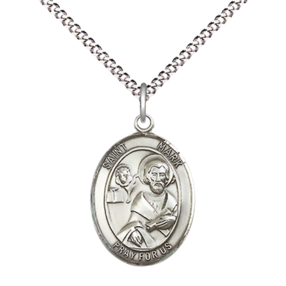 Medium Women's .925 Sterling Silver Saint St. Mark the Evangelist Pendant Necklace with 18- Inch Rhodium Plated Lite Curb Brass Chain, Catholic Medal - Patron Saint. of Notaries and Lawyers – Velvet Gift Box