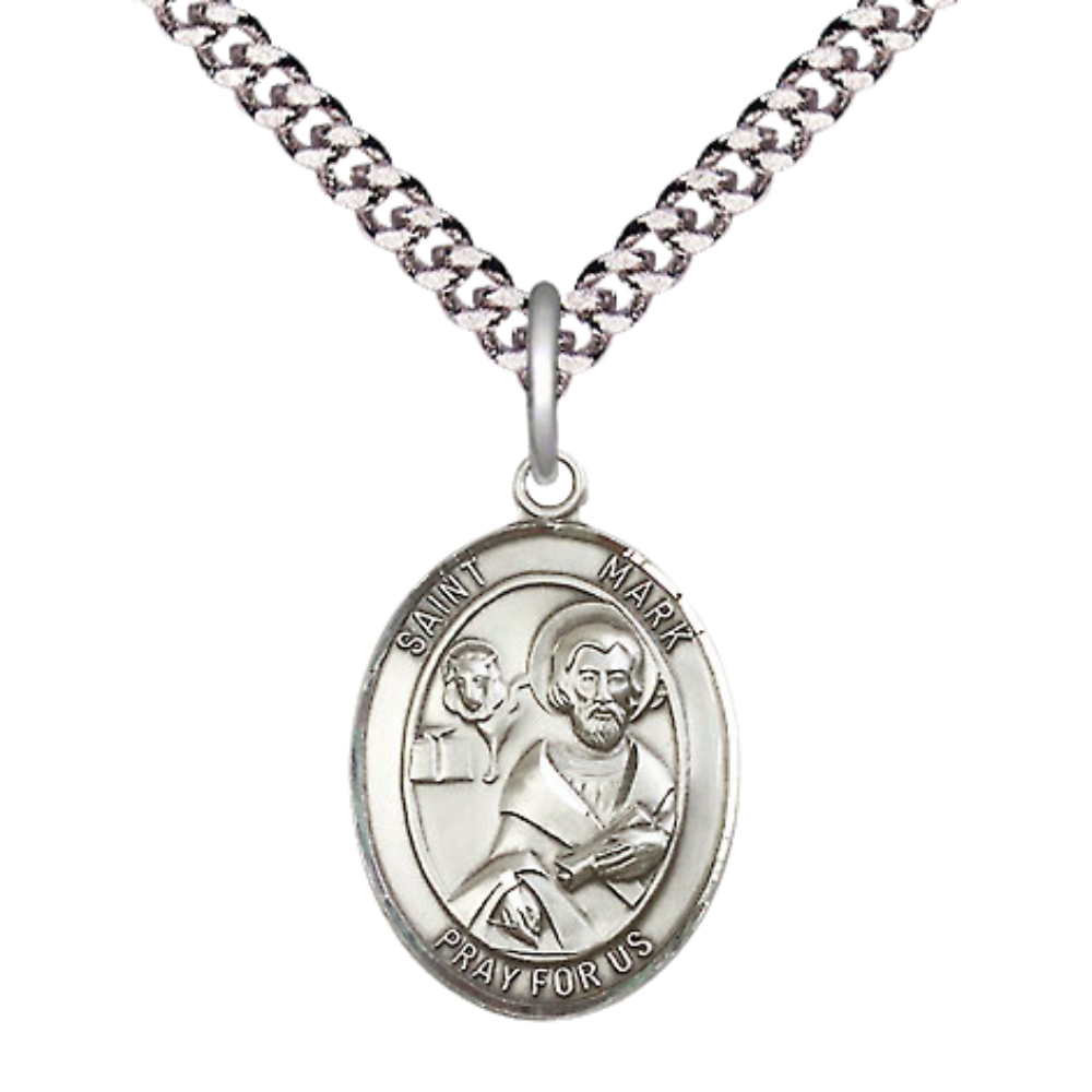 Medium Men's .925 Sterling Silver Saint St. Mark the Evangelist Medal Pendant on 24 Inch Endless Rhodium Plated Heavy Curb Brass Chain, Catholic Religious Necklace - Made in USA- Deluxe Velvet Gift Box