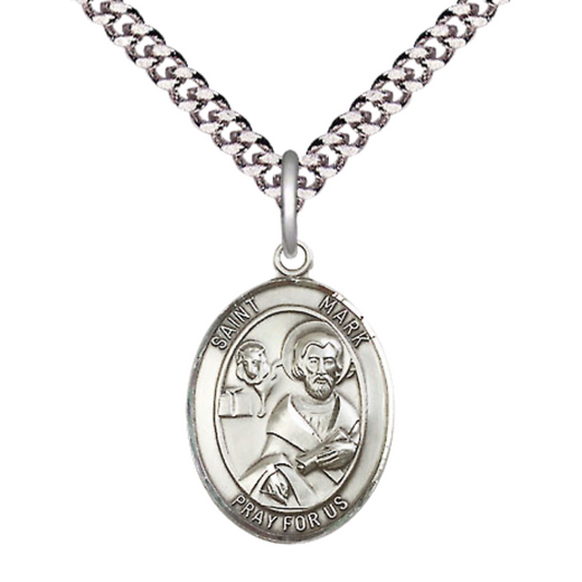 Medium Men's .925 Sterling Silver Saint St. Mark the Evangelist Medal Pendant on 24 Inch Endless Rhodium Plated Heavy Curb Brass Chain, Catholic Religious Necklace - Made in USA- Deluxe Velvet Gift Box