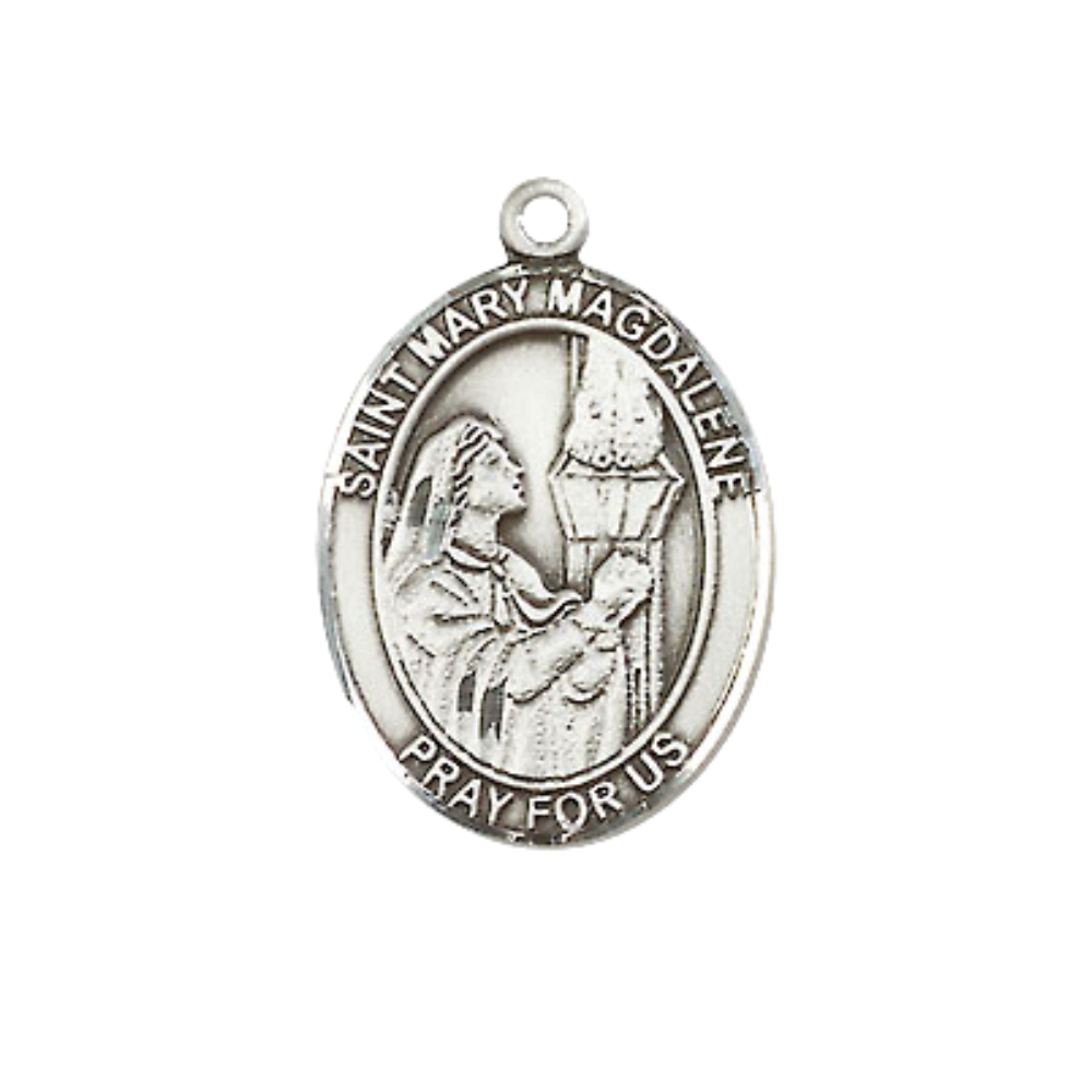 .925 Sterling Silver Saint St. Mary Magdalene Medal Pendant on 18 Inch Rhodium Plated Lite Curb Brass Chain w/ Lobster Claw Clasp, Catholic Religious Necklace - Made in USA- Prayer Card Included