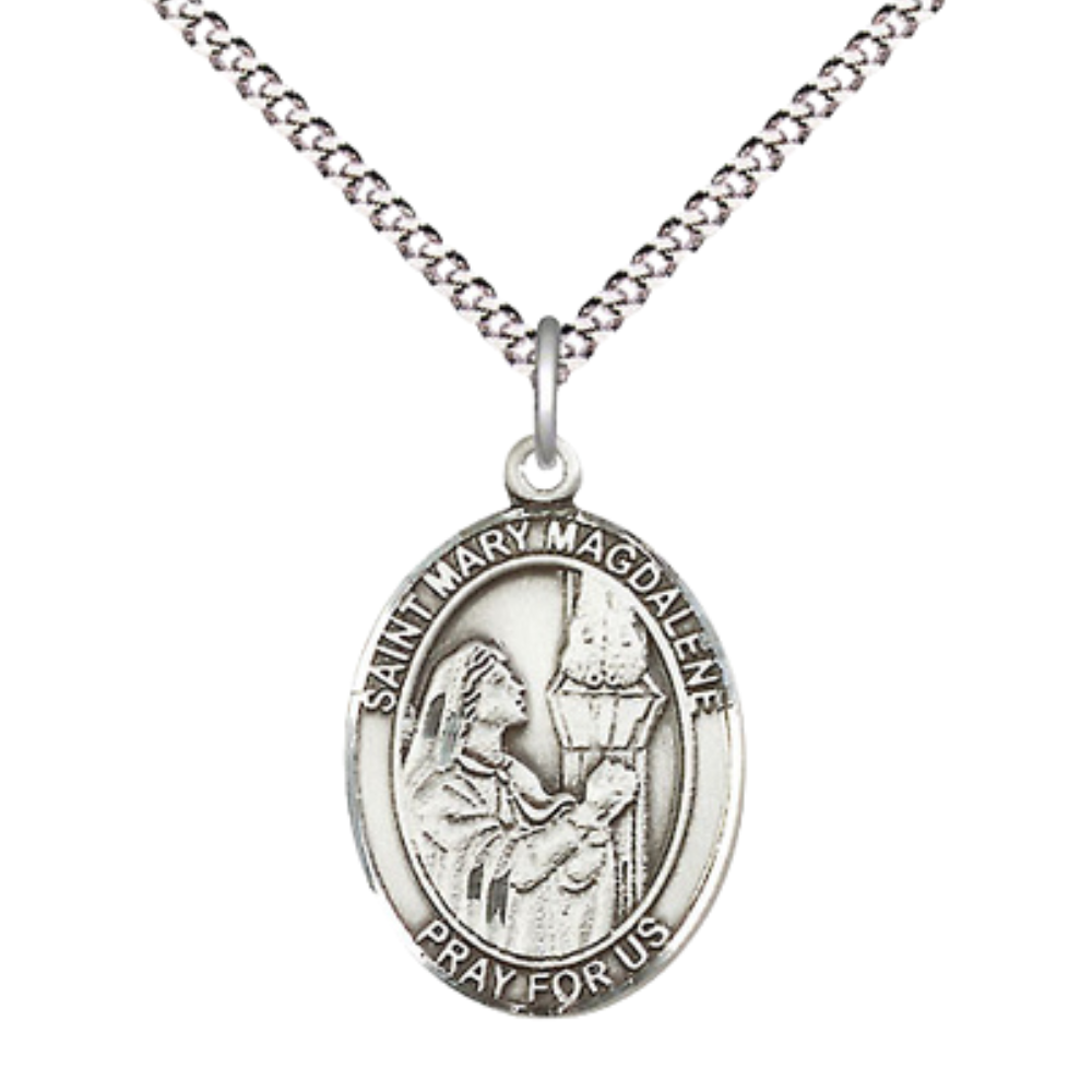 .925 Sterling Silver Saint St. Mary Magdalene Medal Pendant on 18 Inch Rhodium Plated Lite Curb Brass Chain w/ Lobster Claw Clasp, Catholic Religious Necklace - Made in USA- Prayer Card Included