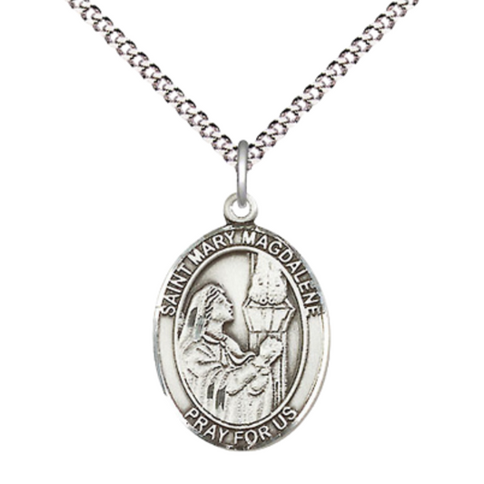 Everlasting Light Jewelry Medium Women's Pewter Saint St. Mary Magdalene Pendant Necklace on 18- inch Rhodium- Plated Lite Curb Brass Chain – Patron Saint St. of Penitent Sinners, Catholic Medal – Velvet Gift Box Included