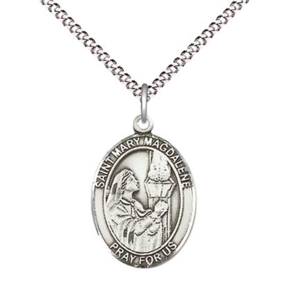 Pewter Saint St. Mary Magdalene Medal Pendant on 18 Inch Rhodium Plated Lite Curb Brass Chain with Lobster Claw Clasp, Catholic Religious Necklace - Made in USA- Prayer Card Included