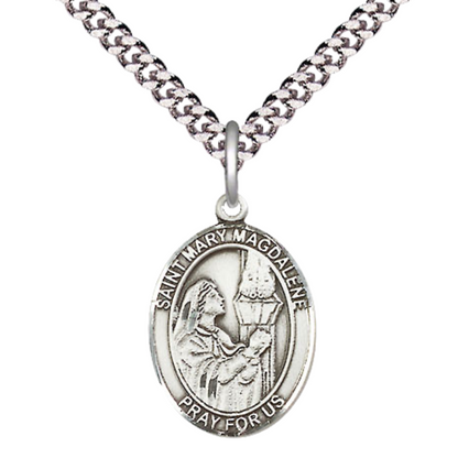 Mens Medium Oval Pewter Saint St. Mary Magdalene Medal Pendant on 24 Inch Rhodium Plated Heavy Curb Brass Chain w/ Lobster Claw Clasp, Catholic Religious Necklace - Made in USA- Velvet Gift Box