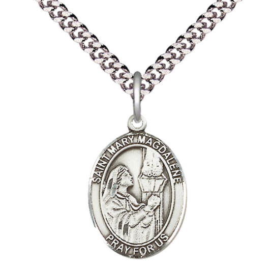 Everlasting Light Jewelry Medium Men's Pewter Patron Saint St.Mary Magdalene Medal Pendant with 24" Rhodium Plated Heavy Curb Chain Catholic Religious Necklace - Made in USA,Deluxe Velvet Gift Box