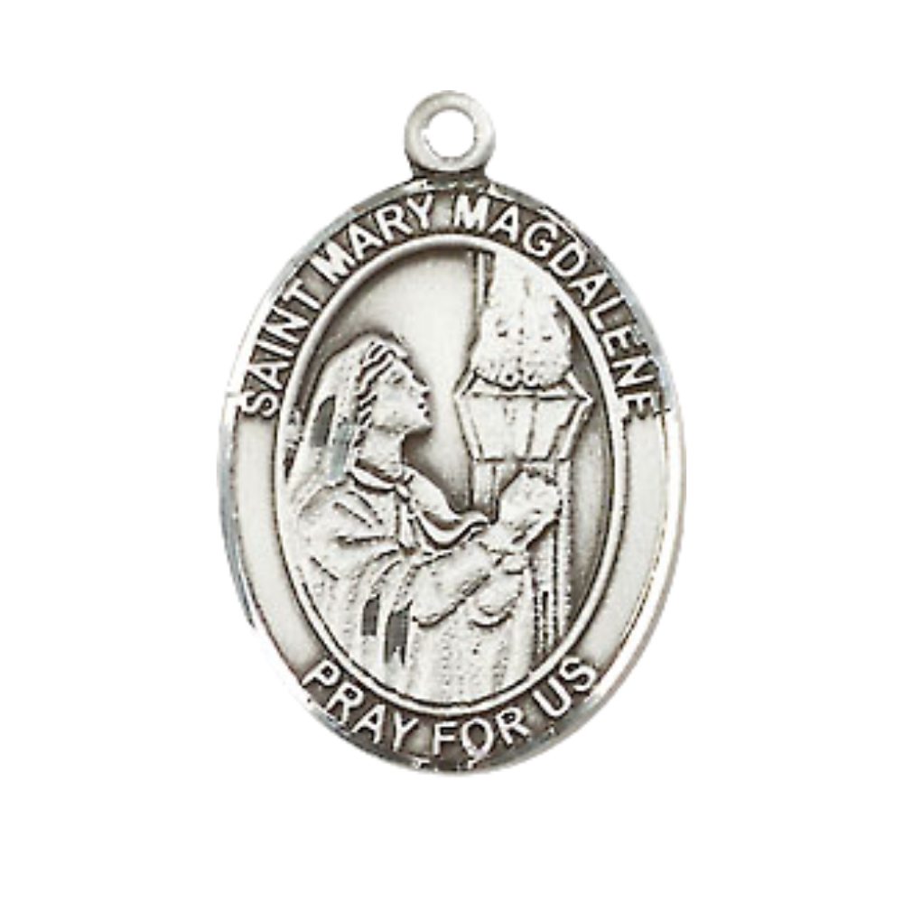 Mens Medium Oval Pewter Saint St. Mary Magdalene Medal Pendant on 24 Inch Rhodium Plated Heavy Curb Brass Chain w/ Lobster Claw Clasp, Catholic Religious Necklace - Made in USA- Velvet Gift Box