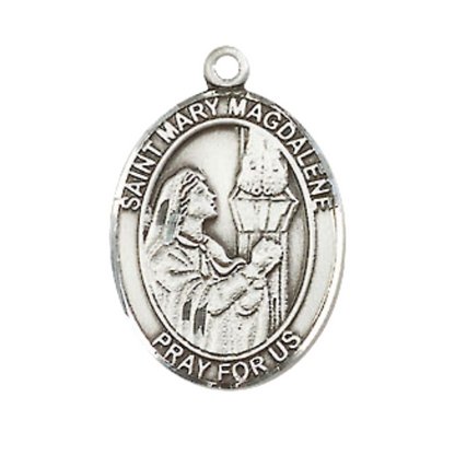 Medium Men's .925 Sterling Silver Patron Saint St. Mary Magdalene Medal Pendant with 24 Inch Rhodium Plated Heavy Curb Chain Catholic Religious Necklace - Made in USA, Deluxe Velvet Gift Box