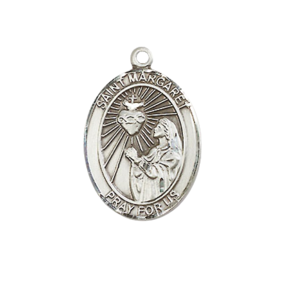 Medium Women's .925 Sterling Silver Saint St. Margaret Mary Alacoque Pendant Necklace with 18- Inch Rhodium Plated Lite Curb Brass Chain – Patron Saint St. of Polio and Loss of Parents, Catholic Medal – Velvet Gift Box Included