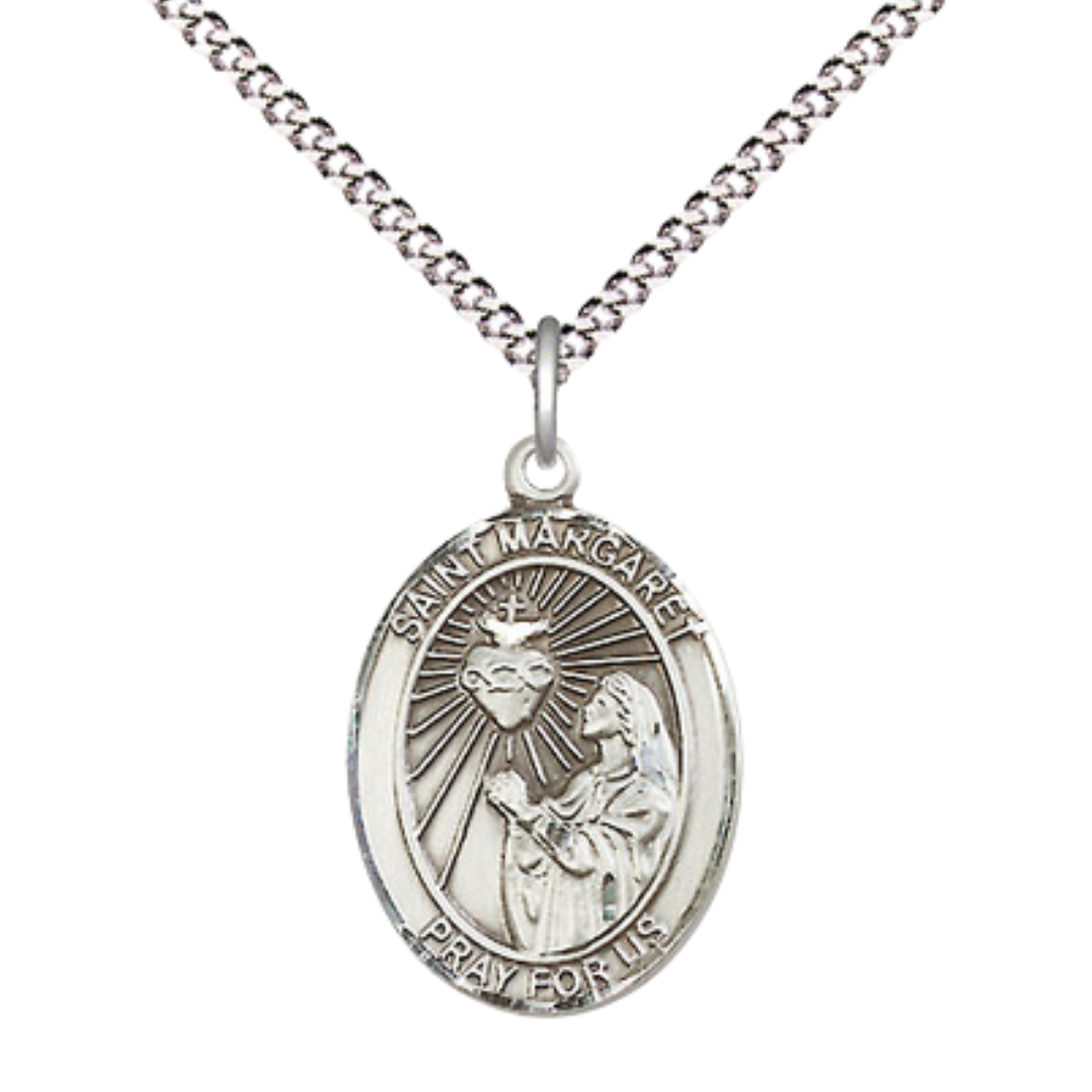 Medium Women's Pewter Saint St. Margaret Mary Alacoque Pendant Necklace on 18- inch Rhodium- Plated Lite Curb Brass Chain – Patron Saint St. of Polio/Loss of Parents, Catholic Medal – Velvet Gift Box Included