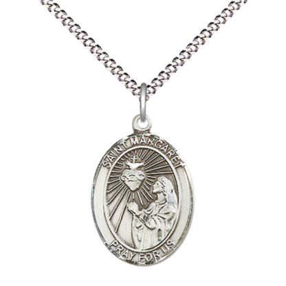 Medium Women's .925 Sterling Silver Saint St. Margaret Mary Alacoque Pendant Necklace with 18- Inch Rhodium Plated Lite Curb Brass Chain – Patron Saint St. of Polio and Loss of Parents, Catholic Medal – Velvet Gift Box Included