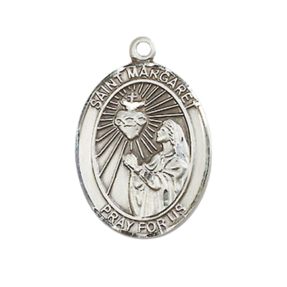 Medium Men's .925 Sterling Silver Saint St. Margaret Mary Alacoque Medal Pendant on 24 Inch Endless Rhodium Plated Heavy Curb Brass Chain, Catholic Religious Necklace - Made in USA- Deluxe Velvet Gift Box