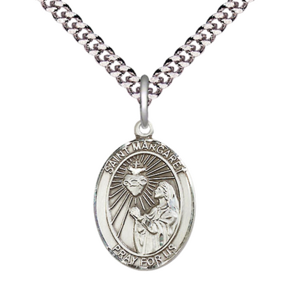 Medium Mens Oval Pewter Saint St. Margaret Mary Alacoque Medal Pendant on 24 Inch Rhodium Plated Heavy Curb Brass Chain w/ Lobster Claw Clasp, Catholic Religious Necklace - Made in USA- Velvet Gift Box