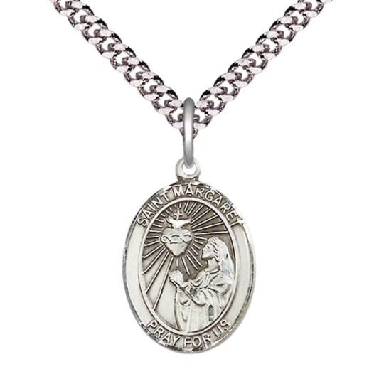 Medium Mens Oval Pewter Saint St. Margaret Mary Alacoque Medal Pendant on 24 Inch Rhodium Plated Heavy Curb Brass Chain w/ Lobster Claw Clasp, Catholic Religious Necklace - Made in USA- Velvet Gift Box