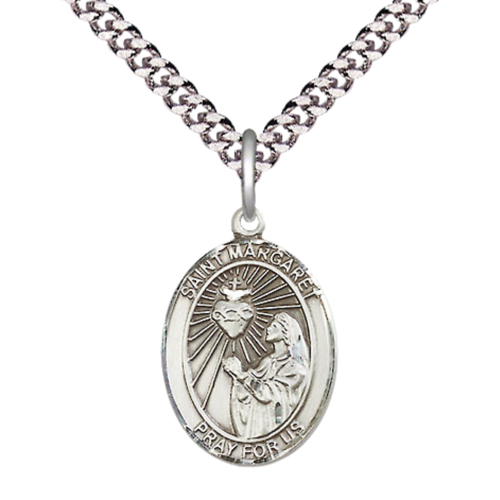 Medium Men's .925 Sterling Silver Saint St. Margaret Mary Alacoque Medal Pendant on 24 Inch Endless Rhodium Plated Heavy Curb Brass Chain, Catholic Religious Necklace - Made in USA- Deluxe Velvet Gift Box
