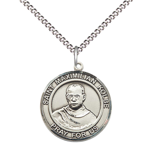 Medium Women's Pewter Saint St. Maximilian Kolbe Medal Pendant on 18 Inch Rhodium Plated Lite Curb Brass Chain w/ Lobster Claw clasp, Catholic Religious Necklace - Made in USA - Deluxe Velvet Gift Box
