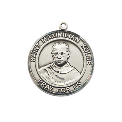 Medium Women's Pewter Saint St. Maximilian Kolbe Medal Pendant on 18 Inch Rhodium Plated Lite Curb Brass Chain w/ Lobster Claw clasp, Catholic Religious Necklace - Made in USA - Deluxe Velvet Gift Box