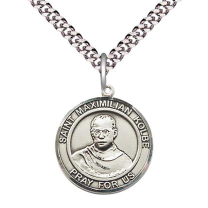 Medium Mens Round .925 Sterling Silver Saint St. Maximilian Kolbe Medal Pendant on 24 Inch Rhodium Plated Heavy Curb Brass Chain w/ Lobster Claw Clasp, Catholic Religious Necklace - Made in USA- Velvet Gift Box