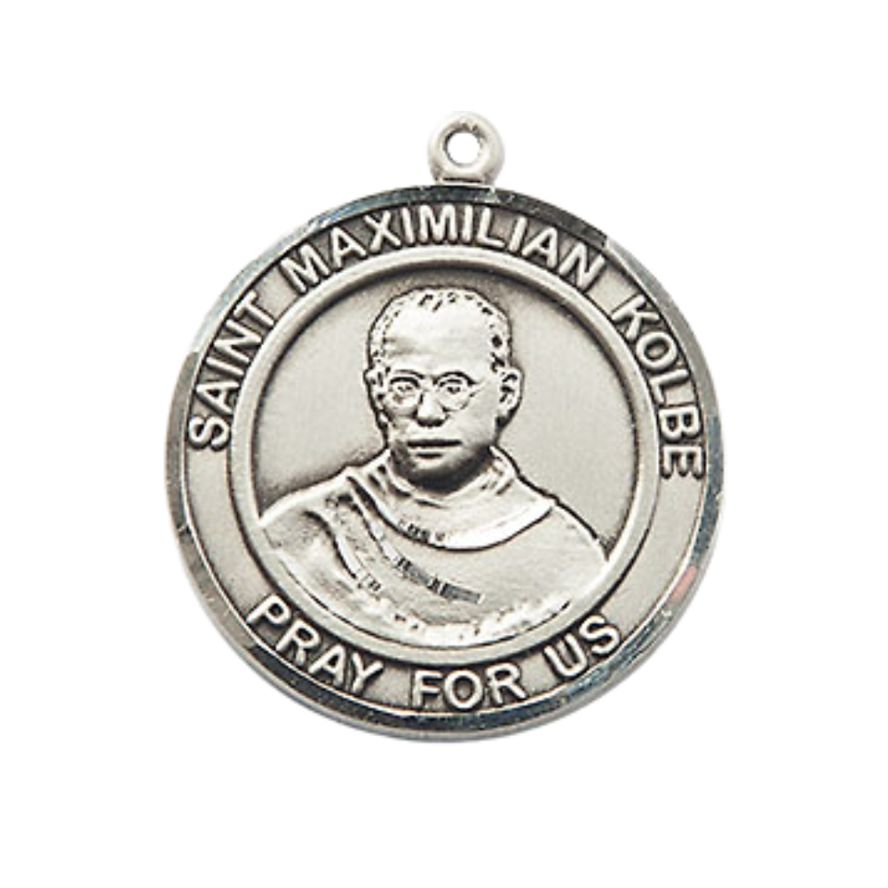 Medium Men's .925 Sterling Silver Saint St. Maximilian Kolbe Medal Pendant on 24 Inch Endless Rhodium Plated Heavy Curb Brass Chain, Catholic Religious Necklace - Made in USA- Deluxe Velvet Gift Box