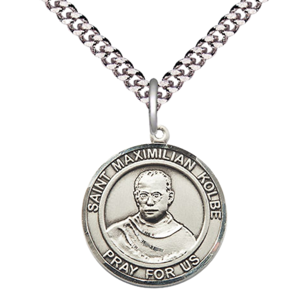 Men's Pewter Saint St. Maximilian Kolbe Round Medium Medal Pendant on 24 Inch Endless Rhodium Plated Heavy Curb Brass Chain, Catholic Religious Necklace - Made in USA- Deluxe Velvet Gift Box