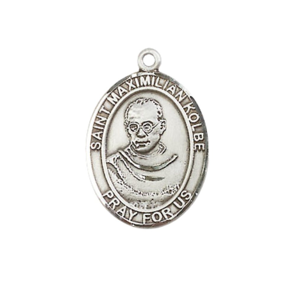 Everlasting Light Jewelry Medium Women's Pewter Saint St. Maximilian Kolbe Pendant Necklace on 18- inch Rhodium- Plated Lite Curb Brass Chain – Patron Saint St. of Charity/Drug Abuse, Catholic Medal – Velvet Gift Box Included