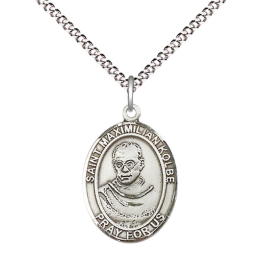 Everlasting Light Jewelry Medium Women's Pewter Saint St. Maximilian Kolbe Pendant Necklace on 18- inch Rhodium- Plated Lite Curb Brass Chain – Patron Saint St. of Charity/Drug Abuse, Catholic Medal – Velvet Gift Box Included
