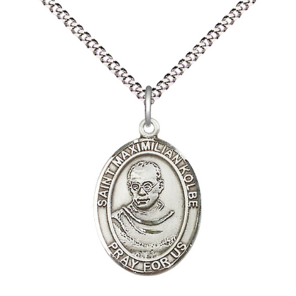 Medium Women's .925 Sterling Silver Saint St. Maximilian Kolbe Pendant Necklace with 18- Inch Rhodium Plated Lite Curb Brass Chain – Patron Saint St. of Charity & Drug Abuse, Catholic Medal – Velvet Gift Box Included