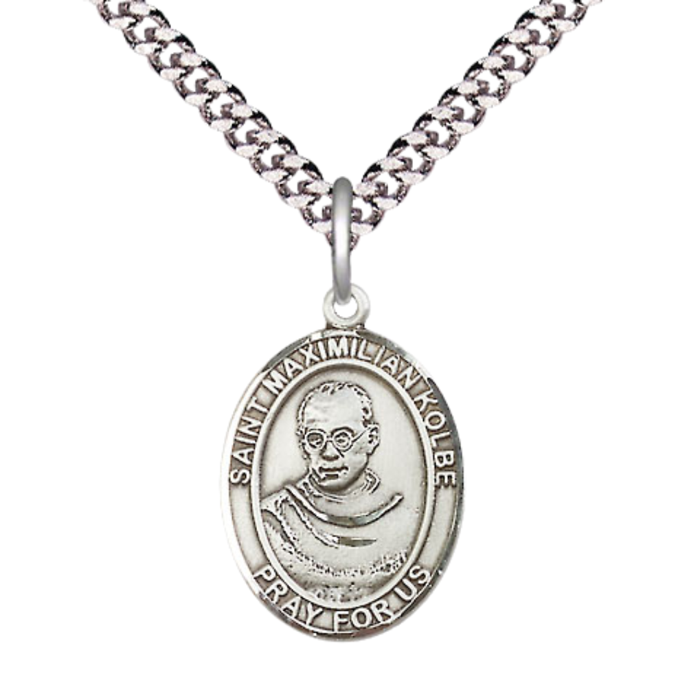 Medium Men's .925 Sterling Silver Saint St.Maximilian Kolbe Medal Pendant on 24 Inch Endless Rhodium Plated Heavy Curb Brass Chain, Catholic Religious Necklace -Made in USA- Deluxe Velvet Gift Box