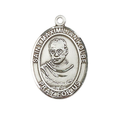 Medium Mens Oval .925 Sterling Silver Saint St. Maximilian Kolbe Medal Pendant on 24 Inch Rhodium Plated Heavy Curb Brass Chain w/ Lobster Claw Clasp, Catholic Religious Necklace - nMade in USA- Velvet Gift Box