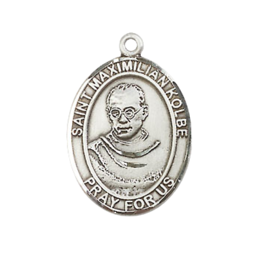 Medium Men's .925 Sterling Silver Saint St.Maximilian Kolbe Medal Pendant on 24 Inch Endless Rhodium Plated Heavy Curb Brass Chain, Catholic Religious Necklace -Made in USA- Deluxe Velvet Gift Box