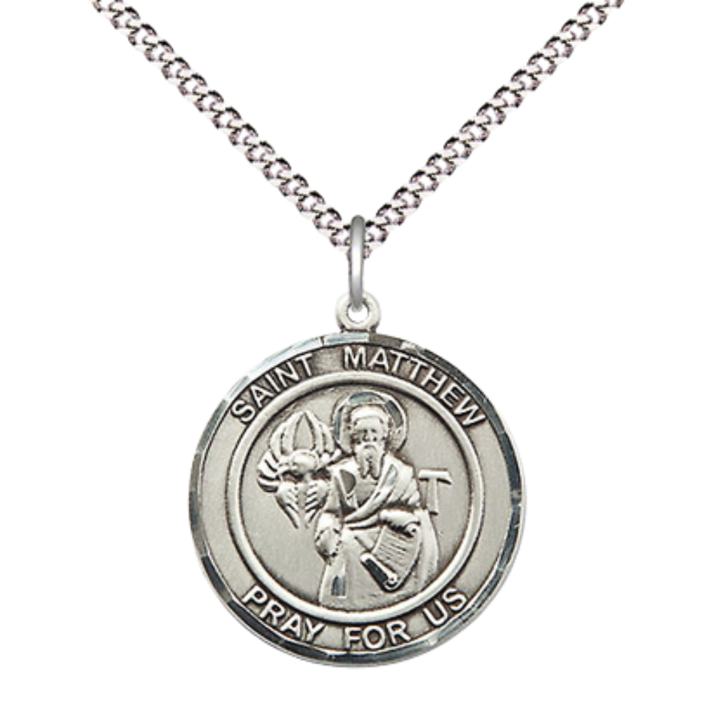 Medium Women's .925 Sterling Silver Saint St. Matthew the Apostle Pendant Necklace on 18 Inch Rhodium- Plated Lite Curb Brass Chain with Lobster Claw Clasp, Catholic Medal - Patron Saint. of Accountants & Bankers – Velvet Gift Box