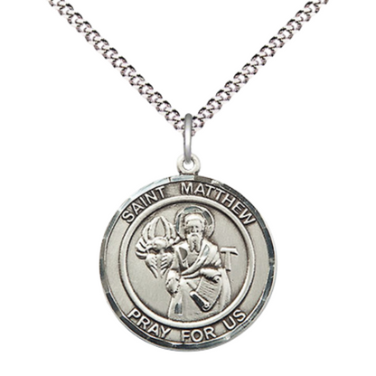 Medium Women's .925 Sterling Silver Saint St. Matthew the Apostle Pendant Necklace on 18 Inch Rhodium- Plated Lite Curb Brass Chain with Lobster Claw Clasp, Catholic Medal - Patron Saint. of Accountants & Bankers – Velvet Gift Box