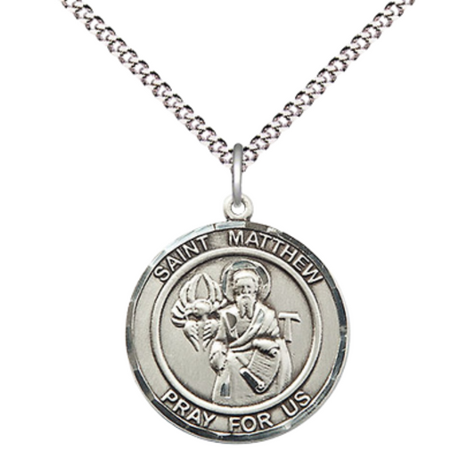 Medium Women's .925 Sterling Silver Saint St. Matthew the Apostle Pendant Necklace on 18 Inch Rhodium- Plated Lite Curb Brass Chain with Lobster Claw Clasp, Catholic Medal - Patron Saint. of Accountants & Bankers – Velvet Gift Box