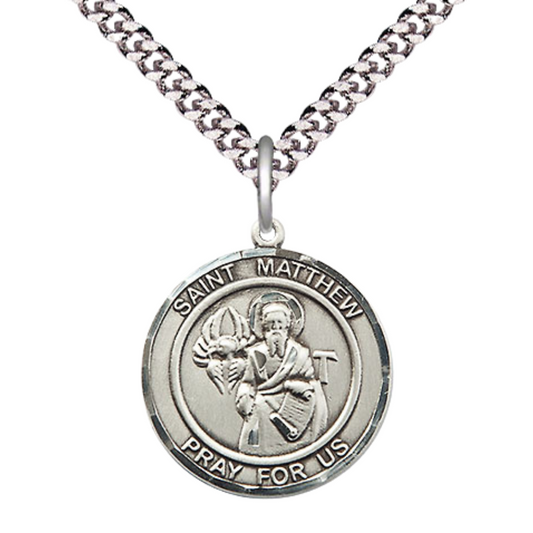 Medium Men's .925 Sterling Silver Saint St. Matthew the Apostle Medal Pendant on 24 Inch Endless Rhodium Plated Heavy Curb Brass Chain, Catholic Religious Necklace - Made in USA- Deluxe Velvet Gift Box