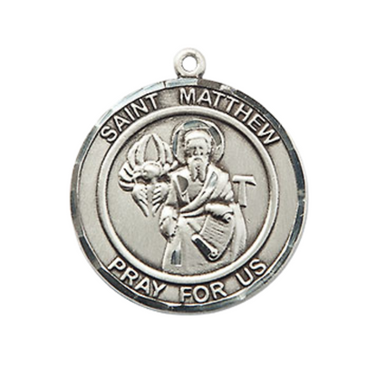 Medium Men's Pewter Saint St. Matthew the Apostle Medal Pendant on 24 Inch Endless Rhodium Plated Heavy Curb Brass Chain, Catholic Religious Necklace - Made in USA- Deluxe Velvet Gift Box