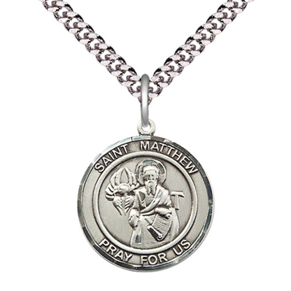 Medium Mens Round .925 Sterling Silver Saint St. Matthew the Apostle Medal Pendant on 24 Inch Rhodium Plated Heavy Curb Brass Chain w/ Lobster Claw Clasp, Catholic Religious Necklace - Made in USA- Gift Boxed