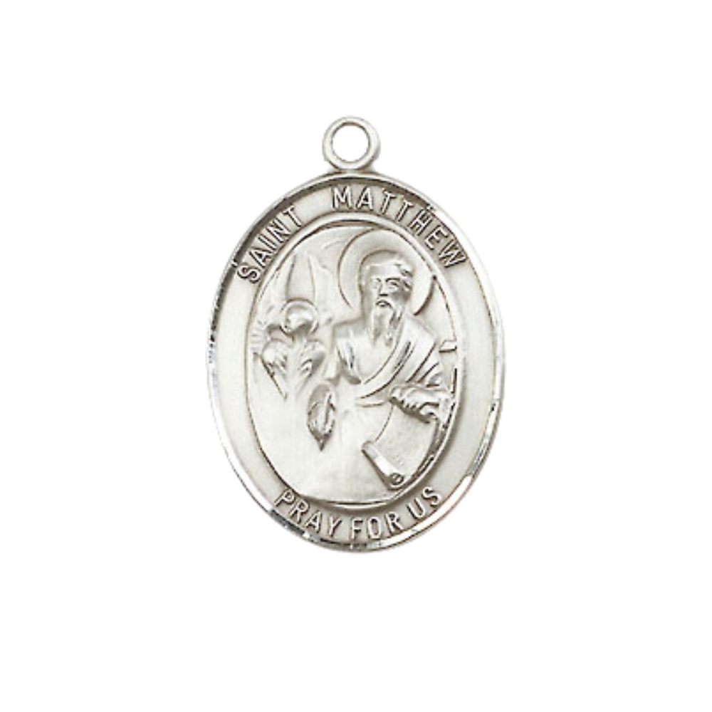 Everlasting Light Jewelry Medium Women's Pewter Saint St. Matthew the Apostle Pendant Necklace on 18- inch Rhodium- Plated Lite Curb Brass Chain – Patron Saint St. of Accountants/Bankers, Catholic Medal – Velvet Gift Box Included