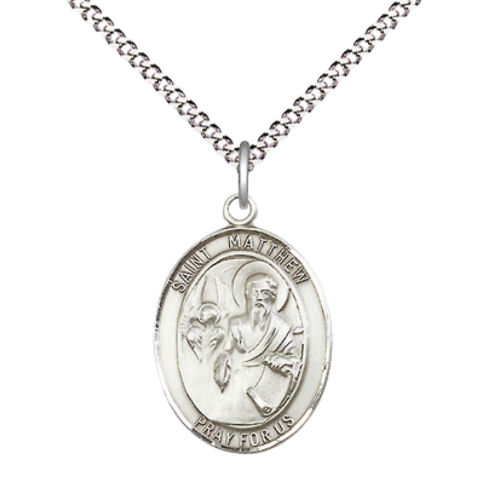 Everlasting Light Jewelry Medium Women's Pewter Saint St. Matthew the Apostle Pendant Necklace on 18- inch Rhodium- Plated Lite Curb Brass Chain – Patron Saint St. of Accountants/Bankers, Catholic Medal – Velvet Gift Box Included
