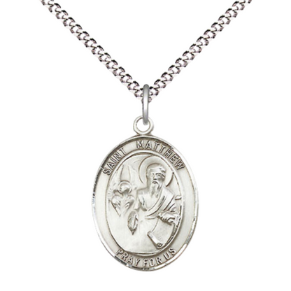 Medium Women's Sterling Silver Saint Matthew the Apostle Pendant Necklace with 18-Inch Rhodium Plated Lite Curb Brass Chain – Patron Saint of Accountants and Bankers – Includes Velvet Gift Box