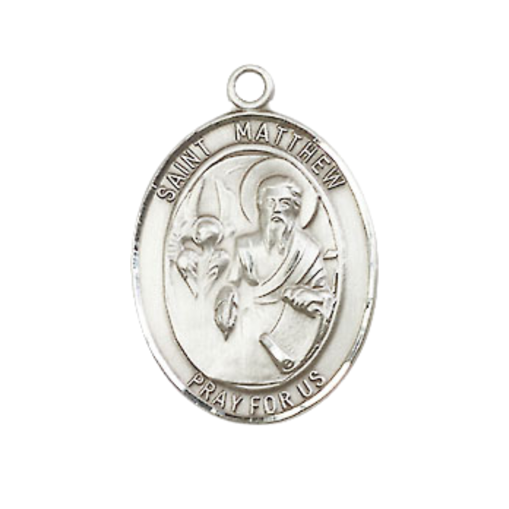 Medium Men's .925 Sterling Silver Saint St. Matthew the Apostle Medal Pendant on 24 Inch Endless Rhodium Plated Heavy Curb Brass Chain, Catholic Religious Necklace - Made in USA- Deluxe Velvet Gift Box