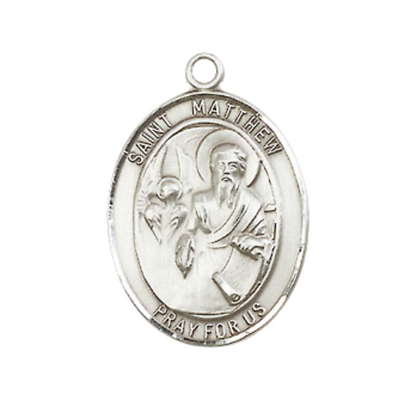 Medium Men's .925 Sterling Silver Saint St. Matthew the Apostle Medal Pendant on 24 Inch Endless Rhodium Plated Heavy Curb Brass Chain, Catholic Religious Necklace - Made in USA- Deluxe Velvet Gift Box