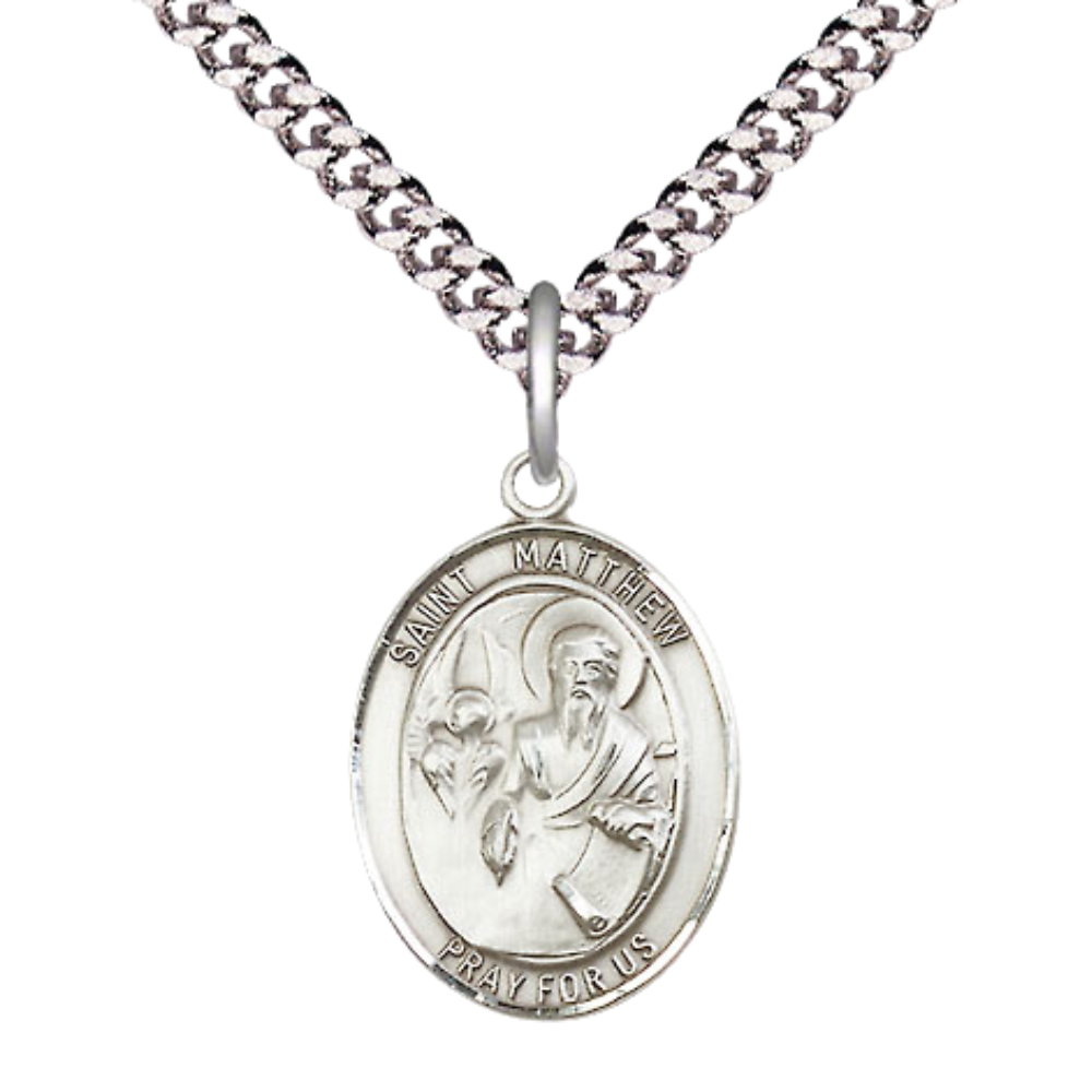 Medium Men's .925 Sterling Silver Saint St. Matthew the Apostle Medal Pendant on 24 Inch Endless Rhodium Plated Heavy Curb Brass Chain, Catholic Religious Necklace - Made in USA- Deluxe Velvet Gift Box