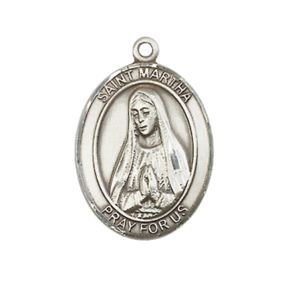 Everlasting Light Jewelry Medium Men's Pewter Saint St. Martha Medal Pendant on 24 Inch Endless Rhodium Plated Heavy Curb Brass Chain, Catholic Religious Necklace - Made in USA- Deluxe Velvet Gift Box
