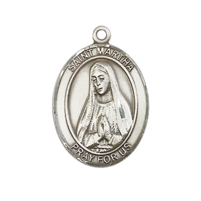 Everlasting Light Jewelry Medium Men's Pewter Saint St. Martha Medal Pendant on 24 Inch Endless Rhodium Plated Heavy Curb Brass Chain, Catholic Religious Necklace - Made in USA- Deluxe Velvet Gift Box