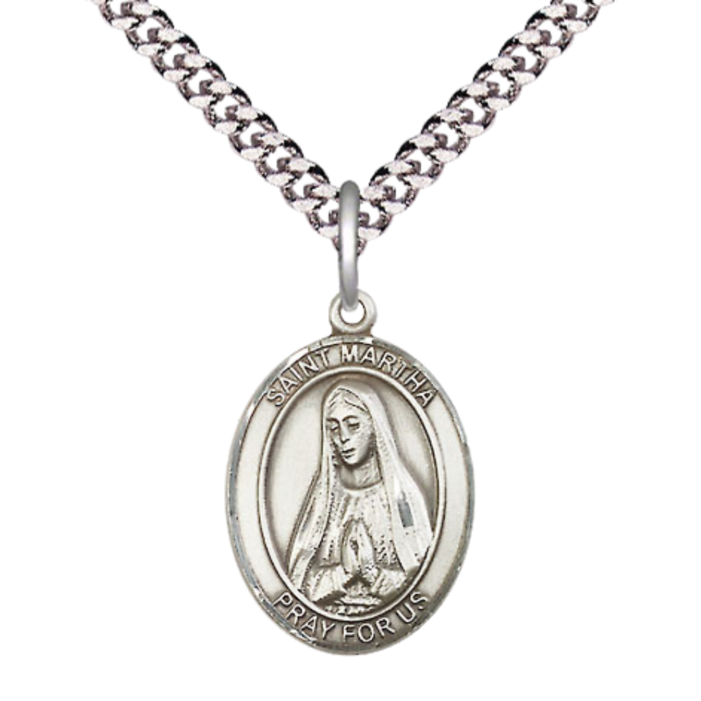 Everlasting Light Jewelry Medium Men's Pewter Saint St. Martha Medal Pendant on 24 Inch Endless Rhodium Plated Heavy Curb Brass Chain, Catholic Religious Necklace - Made in USA- Deluxe Velvet Gift Box