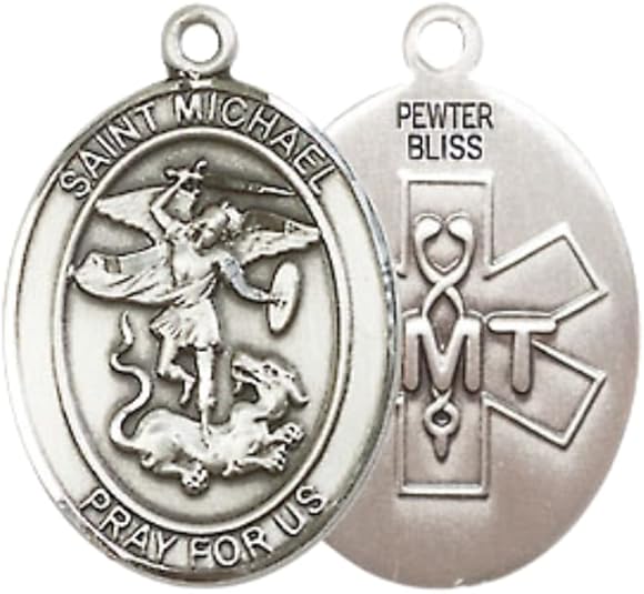 Everlasting Light Jewelry Medium Women's Pewter Saint St. Michael EMT Pendant Necklace on 18- inch Rhodium- Plated Lite Curb Brass Chain – Patron Saint St. of Police Officers and EMTs, Catholic Medal – Velvet Gift Box Included