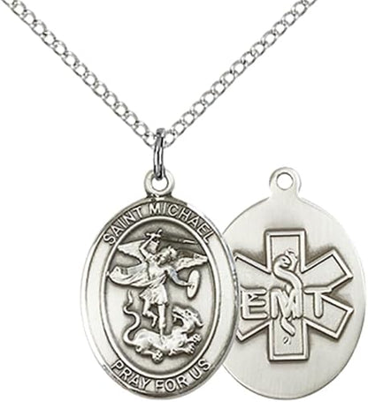 Everlasting Light Jewelry Medium Women's Pewter Saint St. Michael EMT Pendant Necklace on 18- inch Rhodium- Plated Lite Curb Brass Chain – Patron Saint St. of Police Officers and EMTs, Catholic Medal – Velvet Gift Box Included