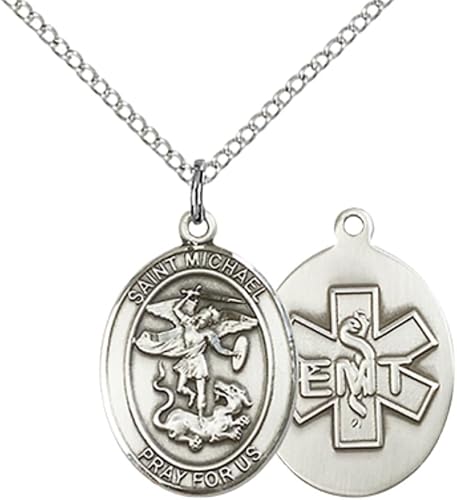 Everlasting Light Jewelry Medium Women's Pewter Saint St. Michael EMT Pendant Necklace on 18- inch Rhodium- Plated Lite Curb Brass Chain – Patron Saint St. of Police Officers and EMTs, Catholic Medal – Velvet Gift Box Included